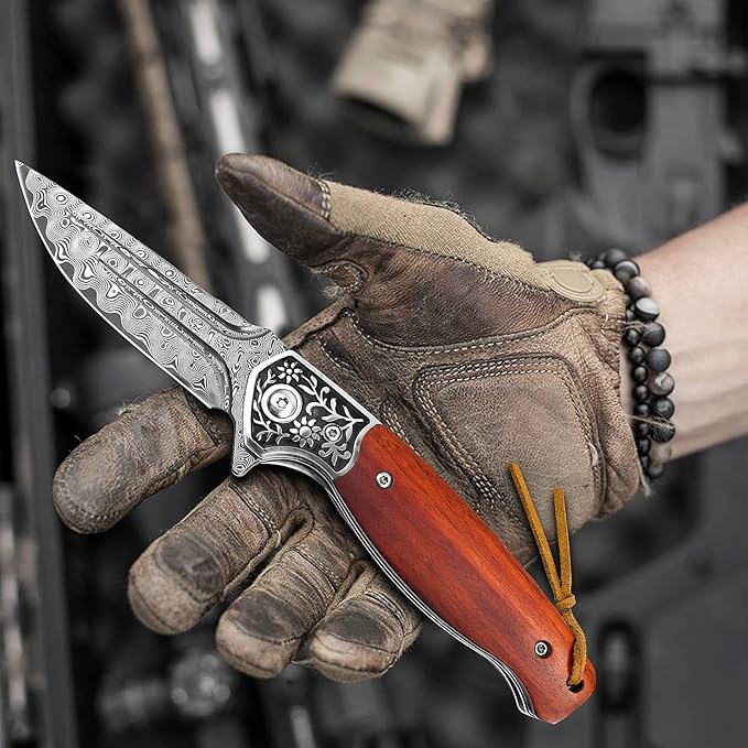KOMWERO Damascus Pocket Knife, VG10 Damascus Steel Folding Knife with Wood Handle, Leather Sheath, Liner Lock, EDC Knife for Outdoor Survival Hunting Collection