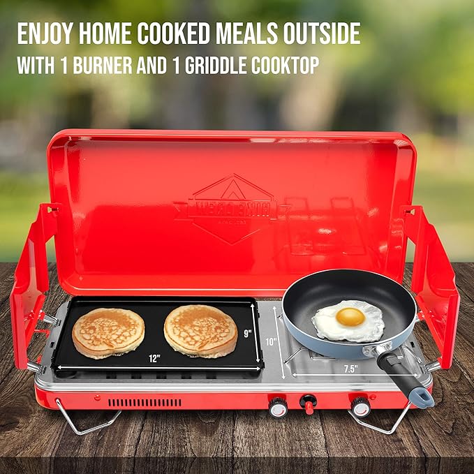 Hike Crew 2-in-1 Gas Camping Stove and Griddle, Portable Propane Burner w/Integrated Igniter & Stainless Drip Tray | Built-in Carrying Handle, Foldable Legs & Wind Panels | Includes Regulator