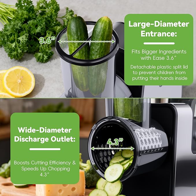 Electric Cheese Grater 7 in 1, Stainless Steel Salad Shooter, Electric Food Slicer Shredder Chopper with Rotary Switch, Automatic Grater for Block Cheese Vegetables Cucumber Carrots, 300W Salad Maker