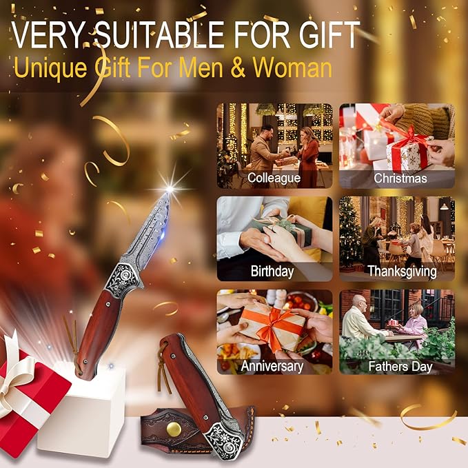 KOMWERO Damascus Pocket Knife, VG10 Damascus Steel Folding Knife with Wood Handle, Leather Sheath, Liner Lock, EDC Knife for Outdoor Survival Hunting Collection
