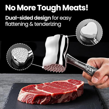 Stainless Steel Meat Tenderizer Tool, Premium Meat Mallet with Non-Slip Grip, Dual-Sided with Heart Shape Design for Tenderizing Steak, Poultry & Chicken Cutlet, Dishwasher Safe, Lifetime Replacement