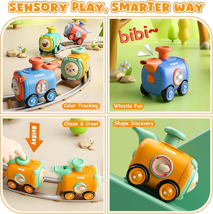 Baby Train Car Toys for Toddler 1-3, 4PCS Press to Go Push Car, Infant Play Whistle Vehicle Toy Set for 12-18 Months, 1st Birthday Christmas Easter Gifts for 1-2 Years Old Boys
