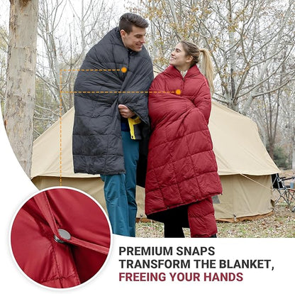 KingCamp Ultralight Camping Blanket, Packable Down Alternative Puffy Wearable Blankets Weatherproof Warm Package Quilt with Snap Buttons for Outdoor Hiking Travel, Picnic Stadium, (69" x 53" Crimson)