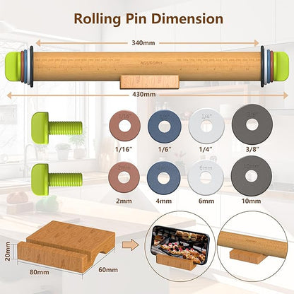 Rolling Pin with Adjustable Thickness Rings and Pastry Baking Mat Dough