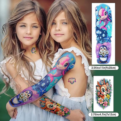 52 Sheets Temporary Tattoos Kids Lion Dinosaur Shark Car Dolphins Butterfly Elephant Full Arm Sleeve Fake Tattoos Sticker for Boy Girl