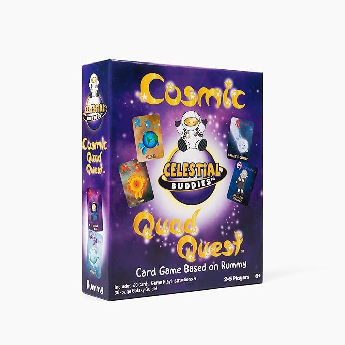 Celestial Buddies Cosmic Quad Quest Card Game w/ 30-Page Galaxy Guide | Space-Themed Rummy Fun Educational Game for 2-5 Players, Kids Ages 6+ | STEM Learning, Planets & Space Exploration