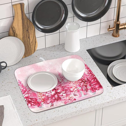 Pink Winter Dish Drying Mat Forest Washable Drying Matt Kitchen Counter