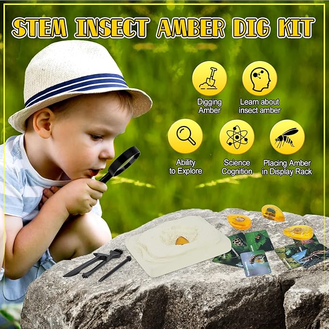 Bigger Amber Dig Kit - 8 Different Artificial Insect Resin,Excavate Unique Insect Specimens,Bugs Toys Educational Science Kits Toys for Kids,STEM Projects Gift for Girls & Boys Age 6-8-12-14 Year Old