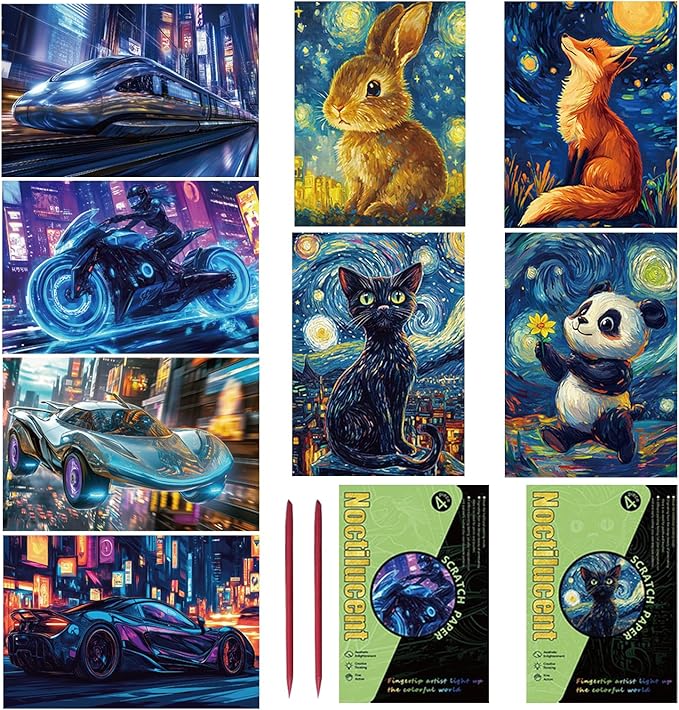 Georgie Porgy Scratch Paper Art Set for Kids Adults Magic Rainbow Scratchboards for DIY Arts and Crafts Kits Christmas Birthday Gift with Scratching Tools Kit (A5-Noctilucent Animals + Racing Cars)