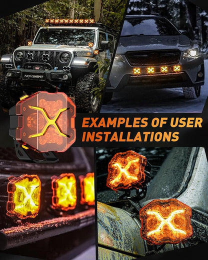 NOVSIGHT 4 Inch LED Pods - X Series Off Road Driving Light with Yellow DRL, Super Bright Pod Lights Drive Beam with Amber Cover, Off-road Fog Lights for Trucks Jeep Ford UTV ATV, 2-Year Warranty, Pair