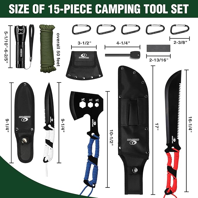 Mossy Oak Hatchet and Machete Knife Set with Sheath, One-Piece Axe & Hunting Knives with Paracord Handle, Zoomable Flashlight, Many Other Tools, Ideal Gift for Men Who Likes Hunting Outdoor Adventure