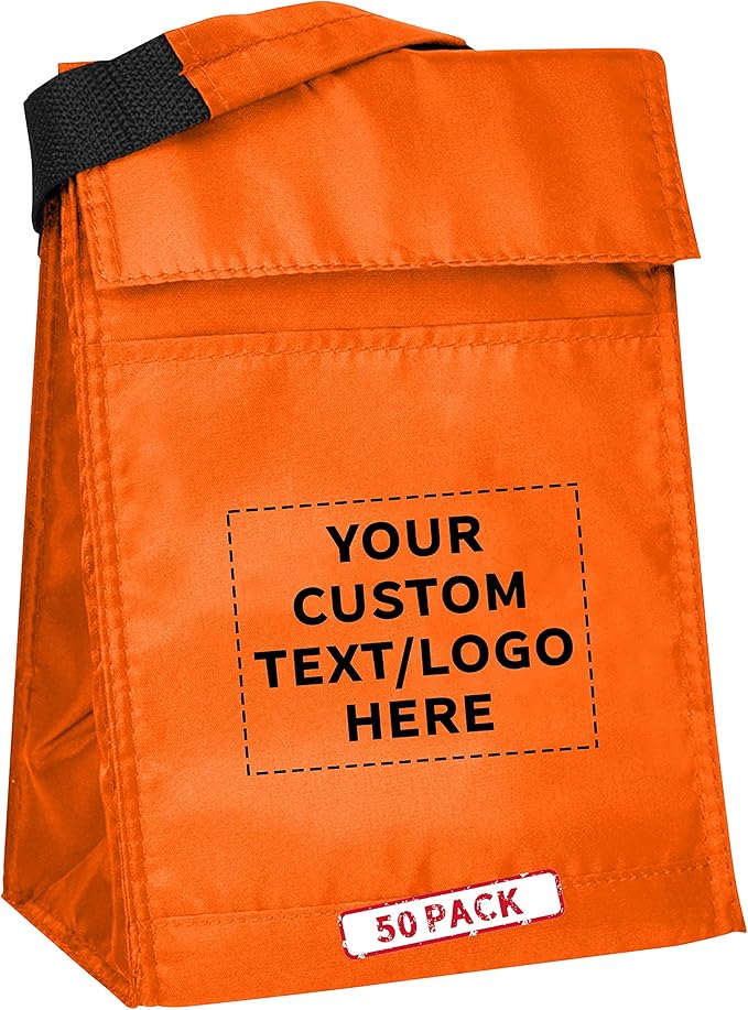DISCOUNT PROMOS 50 Hook and Loop Insulated Lunch Bags Set - Customizable Text, Logo - Polyester, Durable, Vibrant, Reusable - Orange