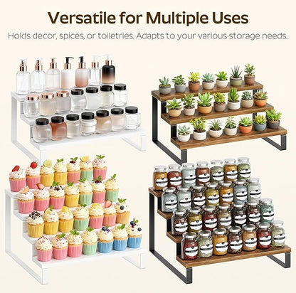 YATINEY Spice Rack, 3 Tier Wooden Display Riser Stand, Kitchen Storage Organizer