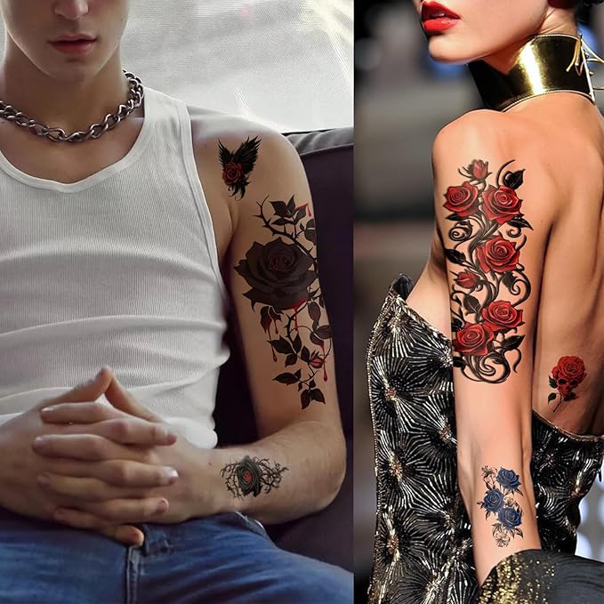 77 Sheets Flowers Skeleton Skull Temporary Tattoo for Women Men, 17 Half Arm Dark Gothic Punk Rocker Butterfly Fake Tattoos, 60 Scary Halloween Cosplay Tiny Adult Kid Body Tattoos Stickers Realistic