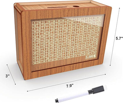 Piggy Bank for Adults Kids, Wooden Coin Bank for Boys and Girls, Cash Vault Money Saving Box with Counter $5000 Savings Challenge Money Box with Money Target and Numbers (Brown $5000)