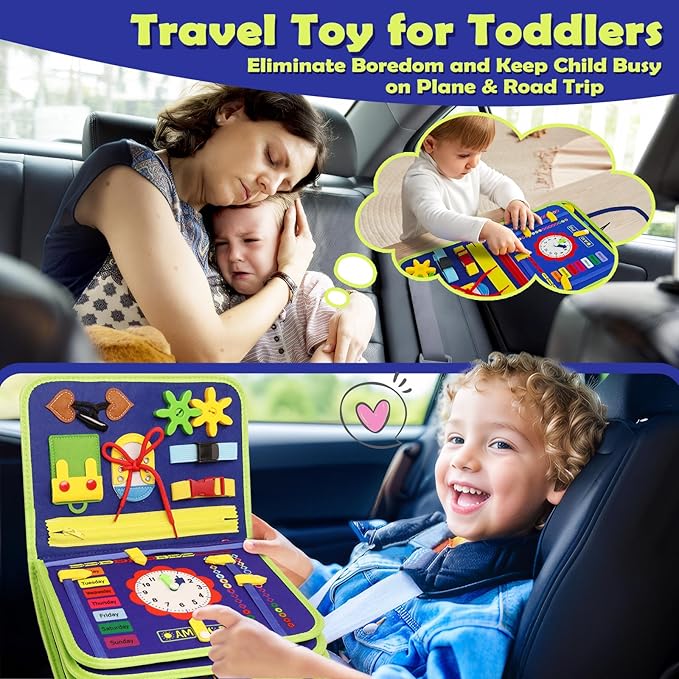 MAJAVI Toddler Busy Board Montessori Toys for 1 2 3 4 Year Old, Busy Book Sensory Educational Activities for Learning Fine Motor Skills, Gifts for Girls Boys, Travel Toys for Airplane Car, Dark Blue