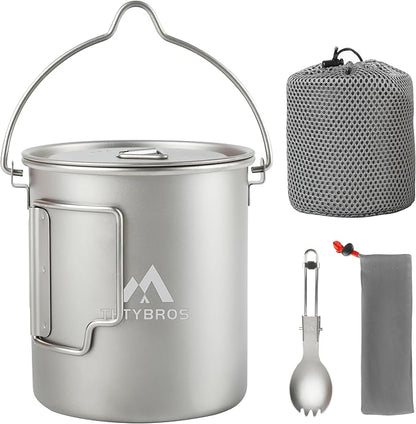 Titanium 750ml Pot with Titanium Spork, Ourdoor Solo Camping Mug, Hanging Cup Spork Kits