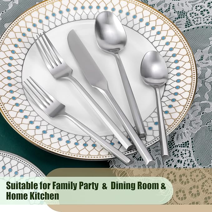 DEACORY Silverware Set 10 Pieces Hexagon Matte Finished Flatware Set Cutlery Set Stainless Steel for 2