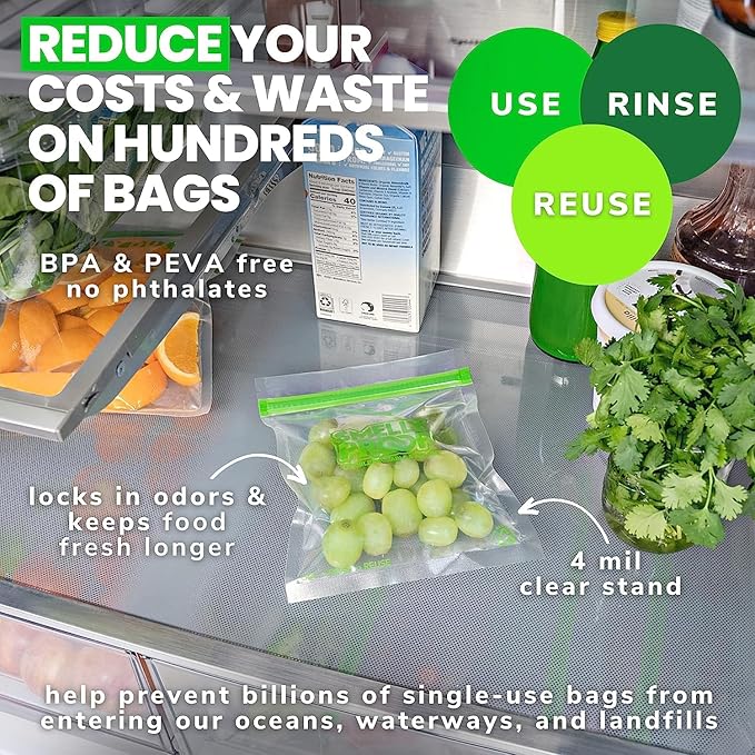 Smelly Proof 15 x Expandable Stand & Fill REUSABLE Storage Bags for Food Designed & Mfg in US, BPA FREE, NO PEVA, Reusable Sandwich Bags, Dishwasher-Safe, Clear 3 mils STAND UP 6.5" x 7.5" - 15pk
