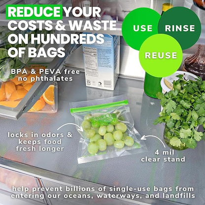 Smelly Proof 15 x Expandable Stand & Fill REUSABLE Storage Bags for Food Designed & Mfg in US, BPA FREE, NO PEVA, Reusable Sandwich Bags, Dishwasher-Safe, Clear 3 mils STAND UP 6.5" x 7.5" - 15pk