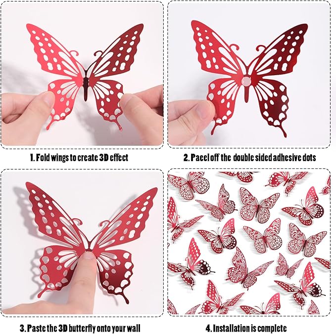 SAOROPEB 3D Butterfly Wall Decor - 48 Pcs, 4 Styles, 3 Sizes - Removable Stickers (Blood Red) for Birthday & Party Celebrations