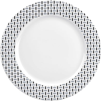 Portmeirion Home Stella 16 Piece Set - Monochrome Porcelain Dinnerware Collection with Patterned Borders, Mix & Match Designs - Ideal for Family Dining, Casual Entertaining & Modern Table Settings