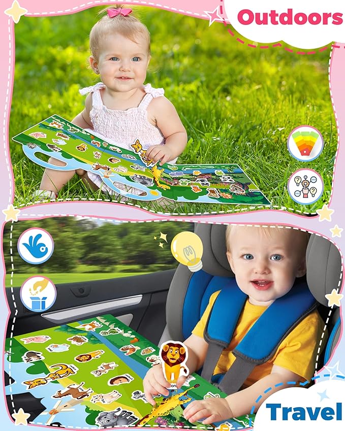 Reusable Animal Sticker Book for Kids Toddlers 2-4 Years, Preschool Learning Activities Waterproof Sticker Books for Teens Girls Boys