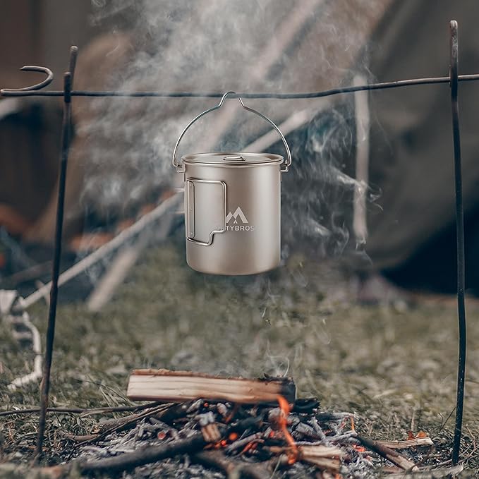 Titanium 750ml Pot with Titanium Spork, Ourdoor Solo Camping Mug, Hanging Cup Spork Kits
