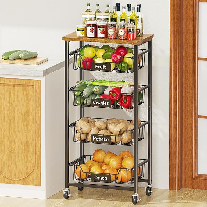 Kitchen Storage Cart with Wheels, 5-Tier Metal Utility Rolling Cart Fruit