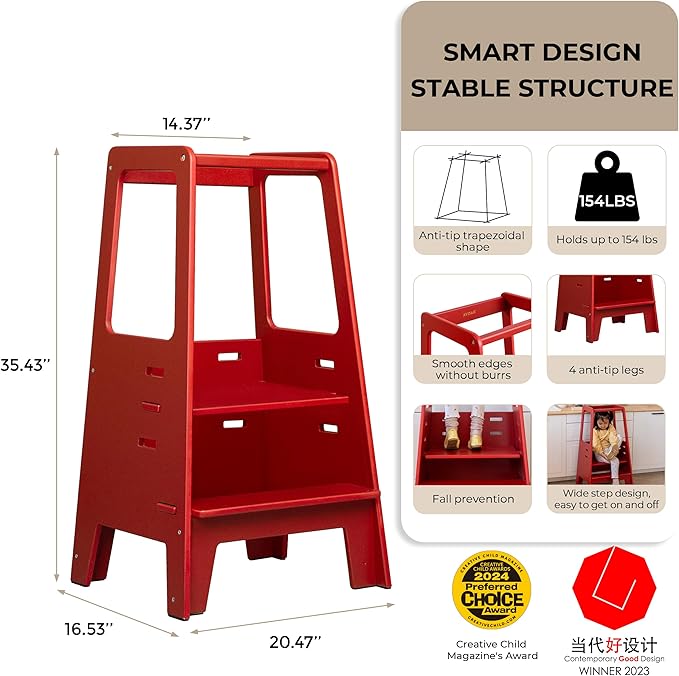 AVDAR Toddler Standing Tower Wooden Toddler Stool for Kitchen Adjustable, Winner 2023 of Contemporary Good Design, Montessori Kitchen Tools