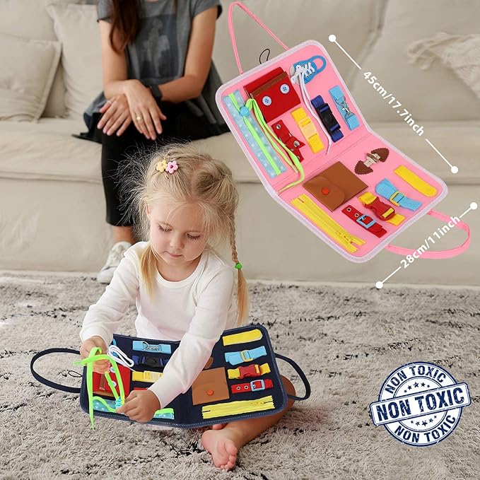 Esjay Busy Board for Toddlers, Montessori Toys to Learn Fine Motor Skill, Sensory Board, Toys Gifts Girls Boys 3+ Year Old, Toddler Learning Activities for Travel Airplane,Pink Alphabet