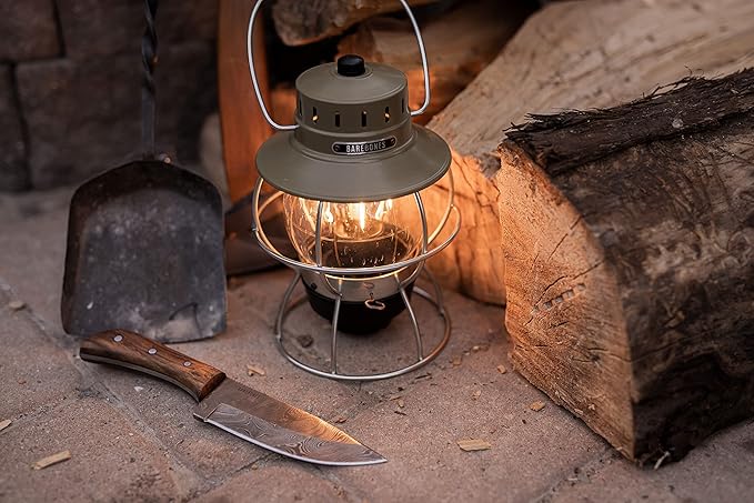 Barebones Railroad Lantern ??Olive Drab, Vintage-Inspired LED Camping Lantern with Rechargeable Battery ??Adjustable Brightness Outdoor Light for Camping Gear, Backyard, and Home Decor