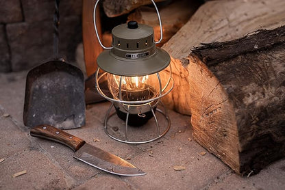 Barebones Railroad Lantern ??Olive Drab, Vintage-Inspired LED Camping Lantern with Rechargeable Battery ??Adjustable Brightness Outdoor Light for Camping Gear, Backyard, and Home Decor