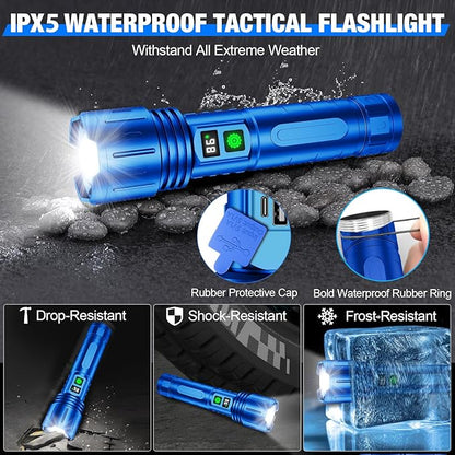 Flashlights High Lumens Rechargeable, Super Bright LED Powerful Flashlight, Type-C, 5 Modes, Zoomable, IPX5 Waterproof High Powered Tactical Flash Light for Emergency Camping,Blue