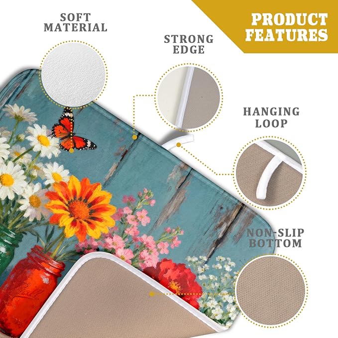 Small Dish Drying Mat for Kitchen Counter 16x18, Spring Summer Floral