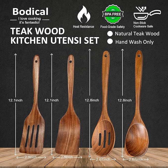 Wooden Spoons for Cooking, 4 Piece Natural Premium Teak Wooden Cooking Utensils