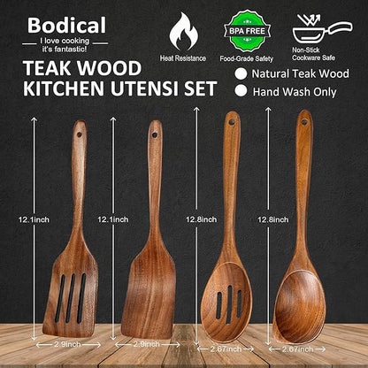 Wooden Spoons for Cooking, 4 Piece Natural Premium Teak Wooden Cooking Utensils