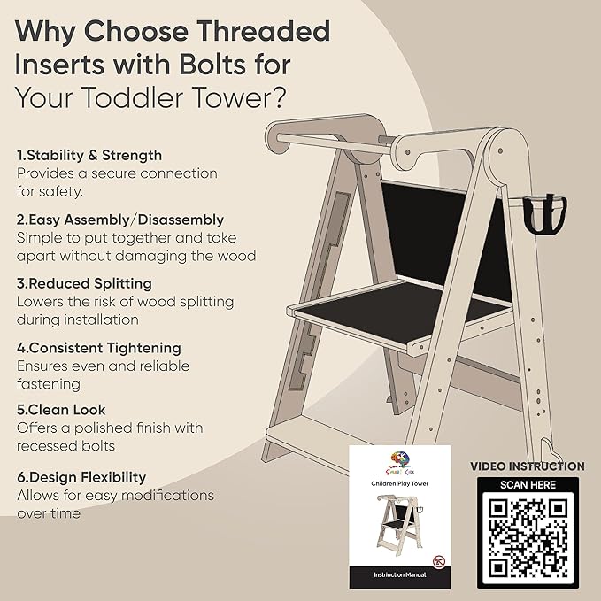 SK Designs Foldable Toddler Tower with Cup Holder - Kitchen Learning Stool Helper, Montessori Kids Standing Tower for Counter, Collapsible, Adjustable Baby Step Stool with Safety Net for Bathroom Sink