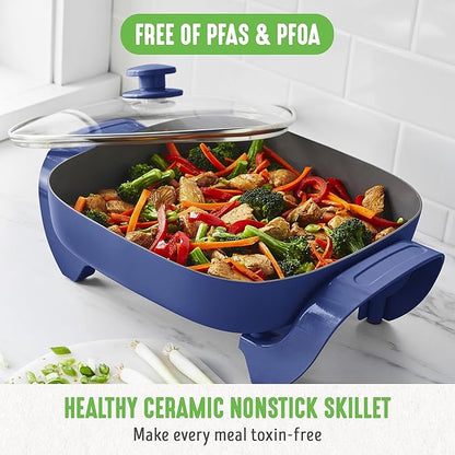 GreenLife 12" 5QT Square Electric Skillet, Glass Vented Lid, Ceramic PFAS-Free