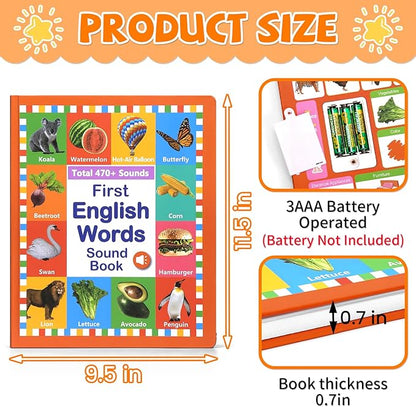 2025 New My First English Words Sound Book Toy, English Learning Talking Book, 470+ Words, 21 Themes, Press to Learn Phonics, Interactive Educational Books for 3 Year Olds A