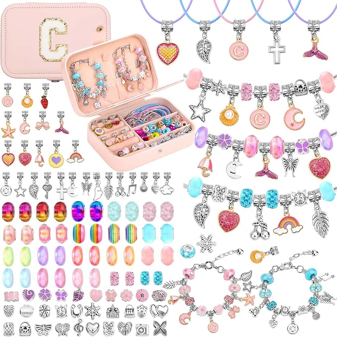 140 PCS Charm Bracelet Making Kit Cute Charm Beads for Jewelry Making DIY Bracelet Craft Kit for Valentine Christmas Birthday Gifts with Portable Bracelet Box