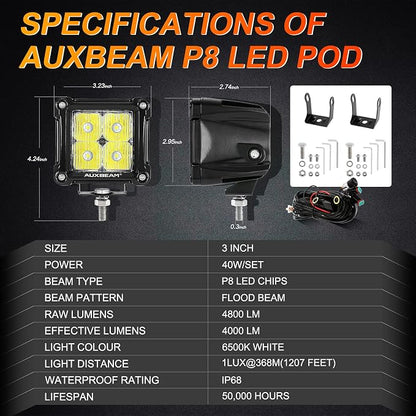 Auxbeam FA Series 3 Inch LED Pods Flood Beam 40W 4800LM Offroad Cube Light Bar Square Ditch Lights Backup Reverse for Trucks, ATVs, UTVs, Jeeps, Cars, Motorcycles, Pair