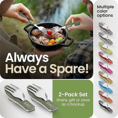 Orblue 4-in-1 Camping Eating Utensils, 2-Pack - Portable Spoon, Fork, Knife & Bottle Opener Combo Set - Stainless Steel Flatware with Detachable Fork - Backpacking Cutlery Multitool, Olive Green