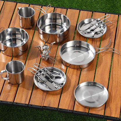 15 Pcs Camp Cooking Set Stainless Steel Camping Cookware Mess Kit with Pot Pan and Stove 2 Set Stainless Steel Cups Plates Forks Knives Spoons for Camping Backpacking Outdoor Cooking Picnic