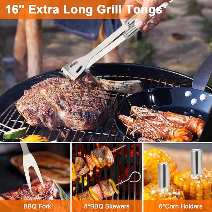 Anpro Grilling Accessories Grill Kit- Grill Set, Grilling Utensil Set, BBQ Accessories, BBQ Kit, BBQ Grill Tools, Grilling Gifts for Father's Day, Smoker, Camping, Kitchen,21 PCS-Standard Silver