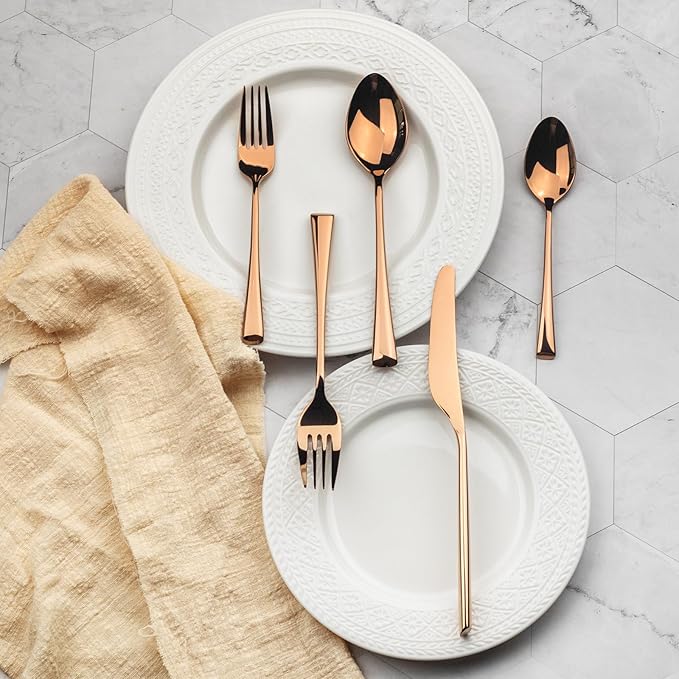 Alata Bailey Rose Gold 20-Piece Forged Stainless Steel Flatware Set Cutlery Set, Service for 4, Silver Finish, Dishwasher Safe