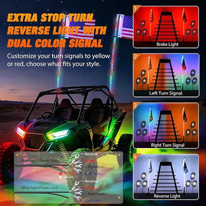 Nilight 2PCS 4FT RGB LED Whip Light with Spring Base and 6 PCS Rock Lights Combo, Remote App Control w/DIY Chasing Patterns Turn Signal Brake Reverse Antenna Lighted Whips for ATV UTV Polaris RZR Jeep