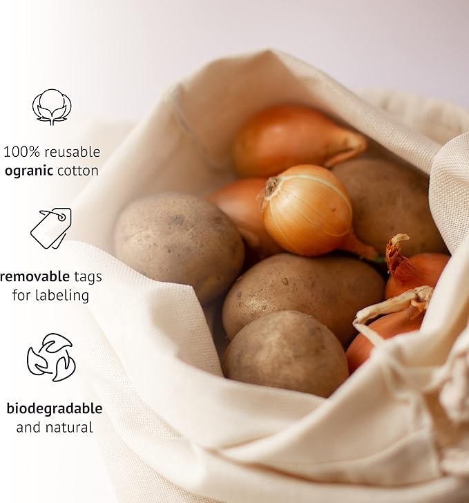 Cotton Storage Bags ??X-Large 14x17 Inch (6-Pack) ??Reusable Muslin Bags with Drawstrings ??Biodegradable Canvas Fabric Sacks ??Perfect for Bread, Bulk Produce, Potatoes, Onions, Shoes