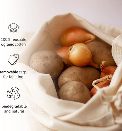 Cotton Storage Bags ??X-Large 14x17 Inch (6-Pack) ??Reusable Muslin Bags with Drawstrings ??Biodegradable Canvas Fabric Sacks ??Perfect for Bread, Bulk Produce, Potatoes, Onions, Shoes