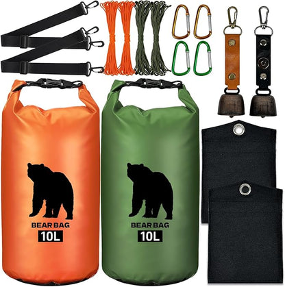 2 Pcs 10L Waterproof Bear Bags with 4 Nylon Ropes, 4 Clips & 2 Rock Pockets & 2 Small Warning Bells for Hanging Food securely. Ultralight Camping Food Bag System.